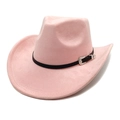 Détail du chapeau de cow-boy en daim rose avec ceinture en cuir noir et boucle argentée - M(56-58cm) / Rose foncé