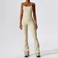 Conjunto de yoga crema entallado con top de tirantes finos y leggings acampanados - S / Chaleco + Pantalones de Campana / Albaricoque Avena