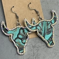 Vintage bull head earrings with turquoise leather texture and sparkling rhinestones - Turquoise Bull Head