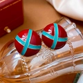 Vintage style red enamel round stud earrings with blue cross lines and gold metal trim - Silver Earring Post Striped Enamel Hoop Stud Earrings