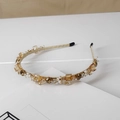 Detail of luxury crystal headband with amber rhinestones and gold thread wrapping - Style SJ008 / Square Champagne