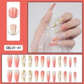 Long ballerina press-on nails with pink marble gradient and gold glitter hearts - CBLCY-41 Pink White Gradient Gold Glitter Hearts