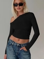 Women's chic black one-shoulder long sleeve crop top with asymmetrical cut - S / Black