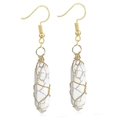 Detailed view of handmade white stone hexagonal drop earrings with gold wire wrapping - Wire Wrapped Hexagonal Prism Earrings / Gold White Turquoise Earrings