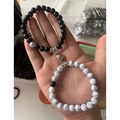 Black and white beaded magnetic heart couple bracelets with matte and marble finish - White Turquoise Matte Black White