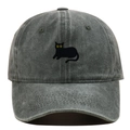 Close-up of black cat embroidery and yellow eyes on washed dark gray baseball cap - Adjustable / Army Green