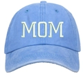 Close-up of MOM 3D embroidery on light blue washed cotton baseball cap with fine stitching - Washed Sky Blue Mom Embroidery Baseball Cap