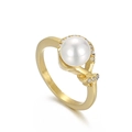 Exquisite gold-plated titanium steel ring featuring a large white pearl and side diamonds - US Size 6 / Single Pearl Rhinestone Accent Style (KR31966-K)
