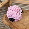 Handmade pink fabric flower hair claw clip with black plastic grip on wooden base - Approx. 8cm / Pink Flower Claw Clip