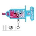 Detail of syringe-shaped acrylic badge reel with pink face and silver glitter accents - Medical Syringe Pattern