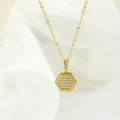 Elegant gold titanium necklace with a hexagonal honeycomb pendant and zircon stones - Large Hexagon Necklace N0108