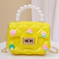 Yellow silicone mini bag for kids with pearl handle, gold chain and cartoon charms - With Random Patches / Yellow