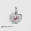 Silver stainless steel heart charm with October Light Rose gemstone inlay 10x12mm - October Pink / Silver