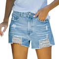 Women high waist light blue distressed denim shorts with ripped details and raw hem - S / Light Blue
