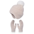 Winter-Strickmütze mit Bommel und Touchscreen-Handschuhen im Set in Beige-Farbe - Beige