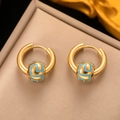 Elegant gold hoop earrings featuring a blue Greek Key enamel sphere charm pendant - [G3100] Gold Greek Key Ball Hoop Earrings