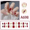Schattige konijn kunstnagels in bordeaux en beige met hartjes en stippenpatroon - Dieprood Beige Aardbei Konijn (A698) / 24 Stuks/Set