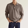 Detail of three-button V-neck placket on men's long-sleeve tan knit polo shirt - Dark Khaki