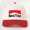 Berretto da baseball vintage rosso e crema con ricamo Mama Tried e motivo a montagna - Bianco Sporco Spliced Rosso