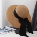 Retro wide-brim straw sun hat with black satin ribbon bow for summer beach vacation - M (56-58cm) / Khaki