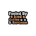 Fueled By Iced Coffee & Sarcasm enamel pin badge in orange and black finish - Coffee Chat Bubble Style (QHXZ1254)