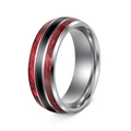 Titanium steel ring with silver finish featuring black carbon fiber and red wood inlay - Silver Opal + Shell