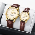 Élégantes montres de couple dorées avec bracelets en cuir brun et double calendrier sur coussin - Style Homme / Bracelet Marron Boîtier Doré Cadran Blanc