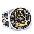 Anello massonico bicolore con simbolo G squadra e bussola e incisione faith hope charity - US 7 / Stile Massonico Fede Bicolore (21307)