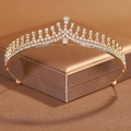 Elegant gold bridal tiara with white rhinestones on a warm gold jewelry box backdrop - 29# Gold Luxury Rhinestone Style