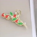 Detail of gold metal shark hair claw clip with red strawberry motifs and small pearls - Red Strawberry Claw / Bulk Packaging