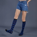 Women's knee-high socks featuring classic black and blue horizontal stripes in knit fabric - One Size / Blue and Black Wide Stripes