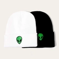 Two-pack knit beanie set in black and white featuring green alien head embroidery - Alien Embroidery (Black & White 2Pcs Set)
