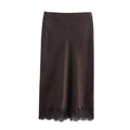 Gonna lunga in raso marrone cioccolato con eleganti bordi in pizzo nero sul fondo - XS / Gonna Marrone Scuro