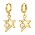 Macro detail of 18K gold plated star-shaped earrings with pearls and zircon stones - Gold Star Pendant Earrings B
