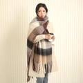 Thick mohair-style plaid scarf in brown and beige with long fringe details - Grey White Coffee Plaid