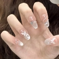 Cat eye plaknagels met 3D-vlinders en parelkettingen in lange amandelvorm - Verpakte gereedschapset (W88)