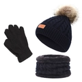 Kinder Winter Mütze Schal Handschuhe Set warm gefütterte Bommel Mütze für Jungen Mädchen - Set / Einzelbommel / Schwarz