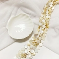 Flat round natural shell beads in white and champagne displayed on a white plate - 11.5 Round Oil Pattern
