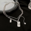 Collier argenté multicouche avec pendentif papillon et plaques gravées sur soie - 39# Collier Multi-Couches Papillon et Étiquette Argenté