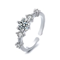 Silver adjustable heart-accented ring with large round solitaire zircon and six-prong setting - J0328-Six-Prong Graduated Stones