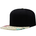Flat brim snapback hat in black twill with colorful butterfly and script printed brim - Adjustable / Flat Brim / Black Colorful Butterfly