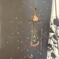Golden sun catcher with rose quartz stone and faceted crystals in geometric frame - Gold Alloy + Watermelon Crystal / Standard Size