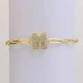 18k gold plated paperclip chain bracelet featuring a micro-pave letter M pendant - Letter M