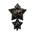 Ballons en aluminium en forme d'étoile noire avec texte Happy New Year doré et motifs - Deux Étoiles Connectées Bonne Année