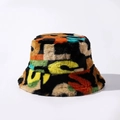 Detail of colorful faux fur bucket hat featuring vibrant graffiti patterns and soft texture - One Size / Yellow