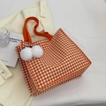 Orange houndstooth canvas tote bag with matching orange handles and decorative white pompom - No Pendant / Orange