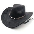 Detail of western cowboy hat with woven band, pearl buckle and adjustable chin strap - M (56-58cm) / Black