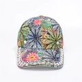 Detail of colorful floral baseball cap featuring sparkling rhinestones and crystal studs - Adjustable / Multicolor Diamond