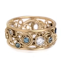 Gold hollow spiral ring with intricate filigree, set with white and sky blue stones - US 6 / Gold