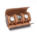 Premium dark brown leather watch roll organizer with three slots and silver snap buttons - Smooth Brown 3-Slot